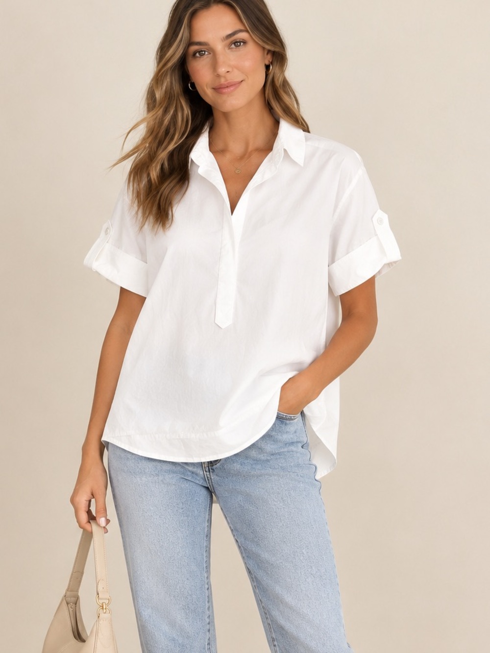 BCBGMaxAzria Short-Sleeve Button-Down Shirt Women size Medium White Collar Top